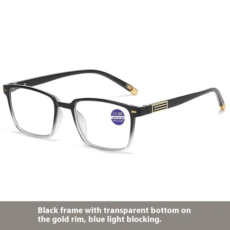 Multifocal reading glasses with colour changing, anti-blue light PC lenses in a black and silver frame style.