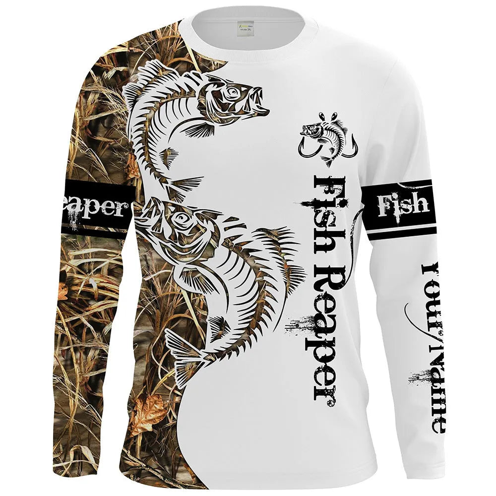 Men's long-sleeved pullover top with a fish pattern print in Milk Silk fabric.