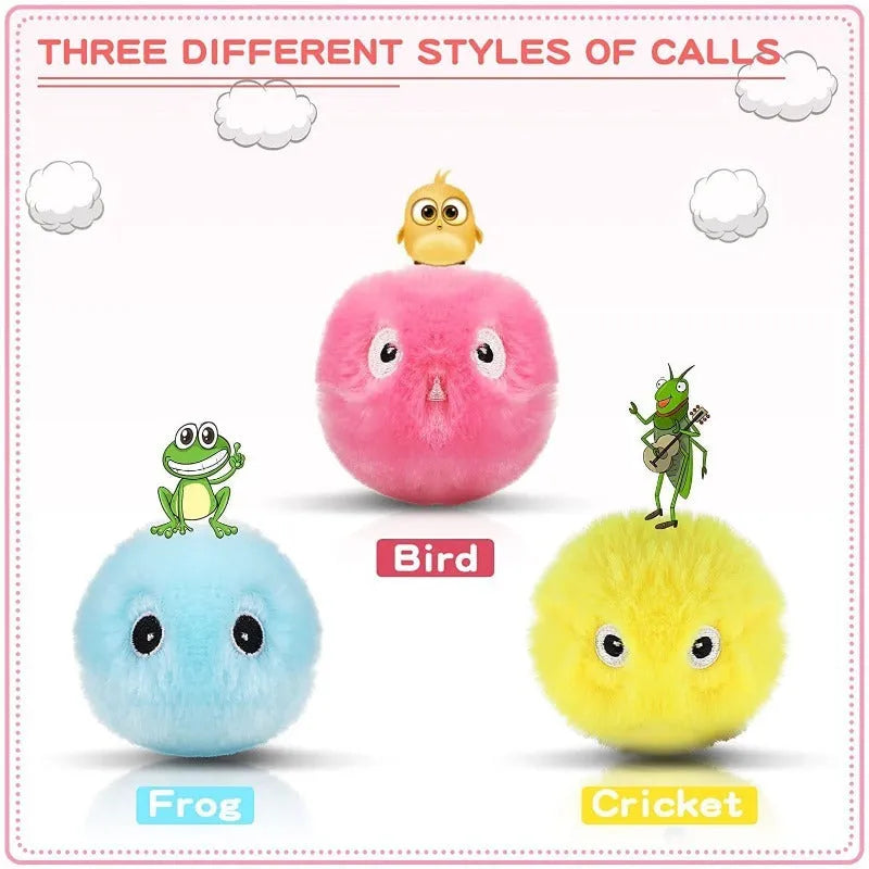 Interactive cat toy ball in blue, pink, and yellow colours with animal sound features