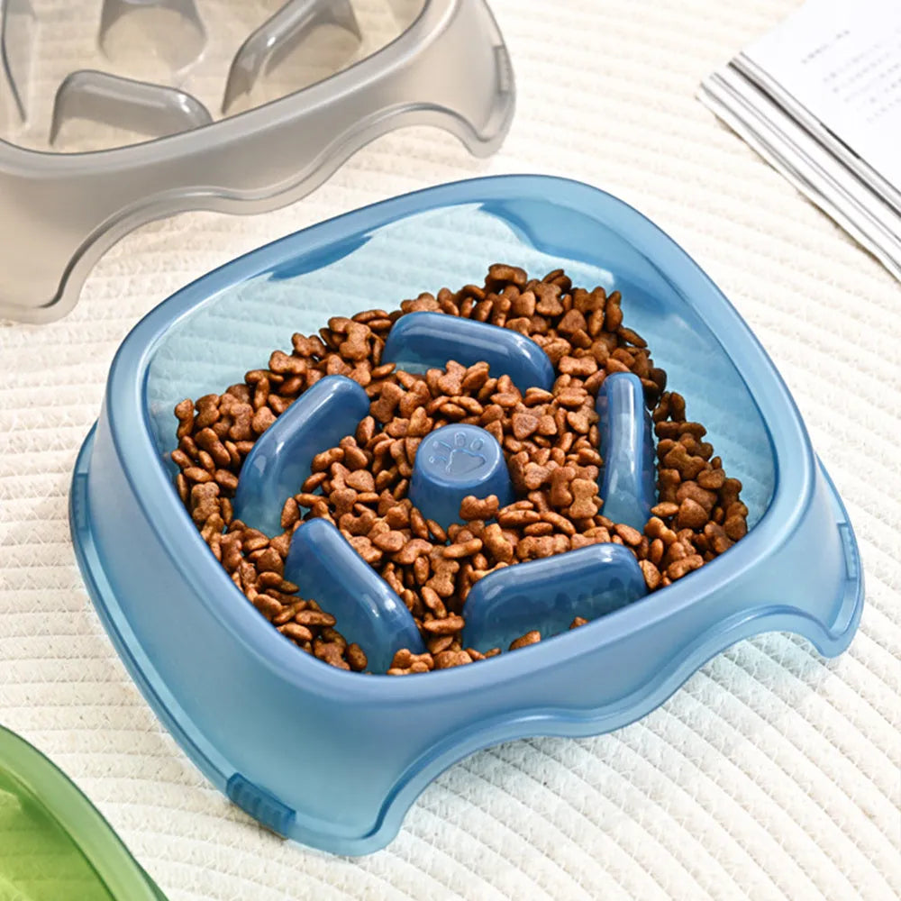 Blue plastic dog slow feeder bowl with anti-choking design for household use