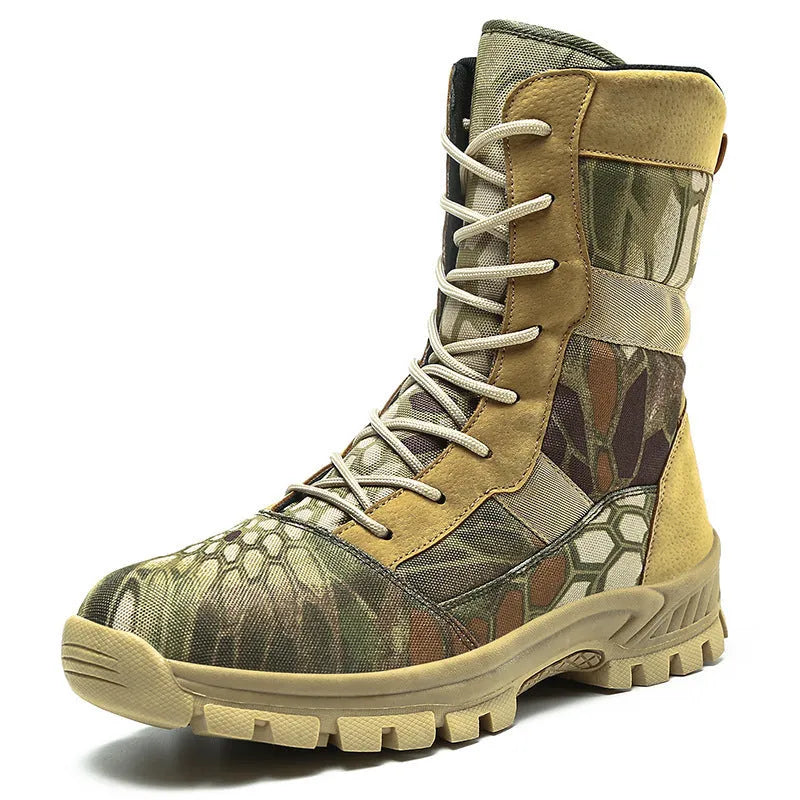 Plus size men's high-top Martin boots in black and camouflage colours with mesh upper