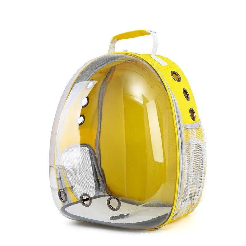 Grey PC astronaut-style pet carrier backpack with side-opening door for a cat.
