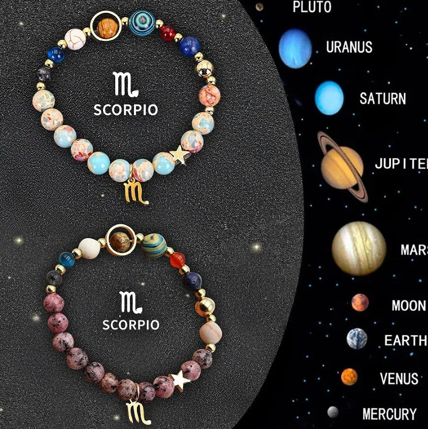 Two natural stone zodiac bracelets showing twelve different astrological styles on a neutral background