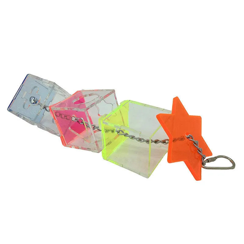 Clear acrylic parrot foraging toy measuring 5x5x32cm for bird enrichment with food container
