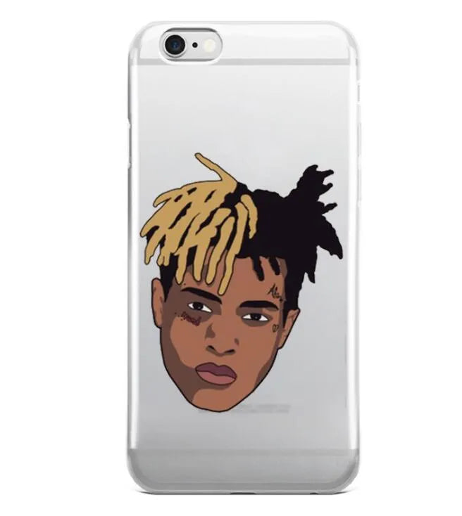 Half-wrapped transparent iPhone case with XXTentacion artwork design showing matte finish texture