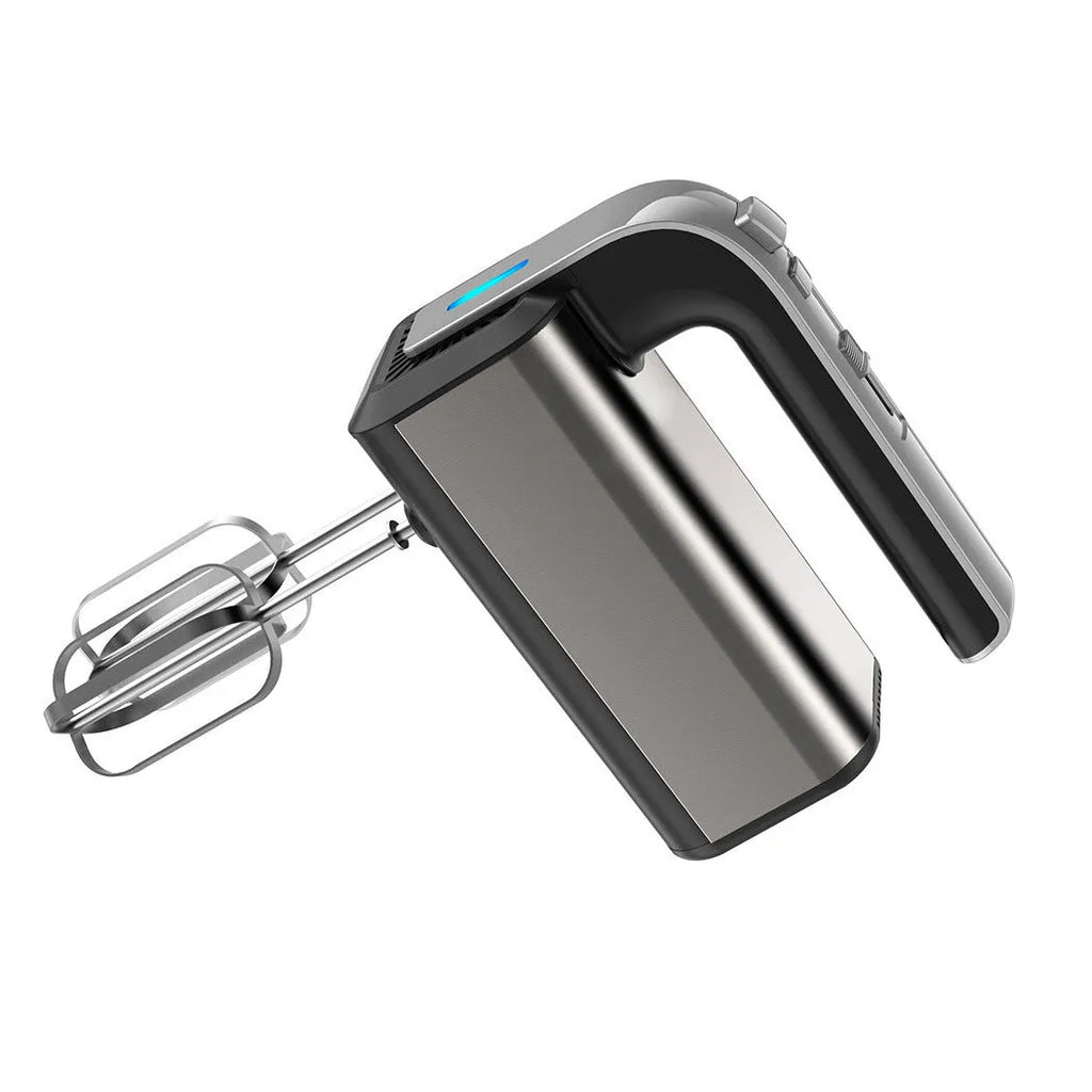 Silver handheld electric kitchen whisk with mixing attachments on counter