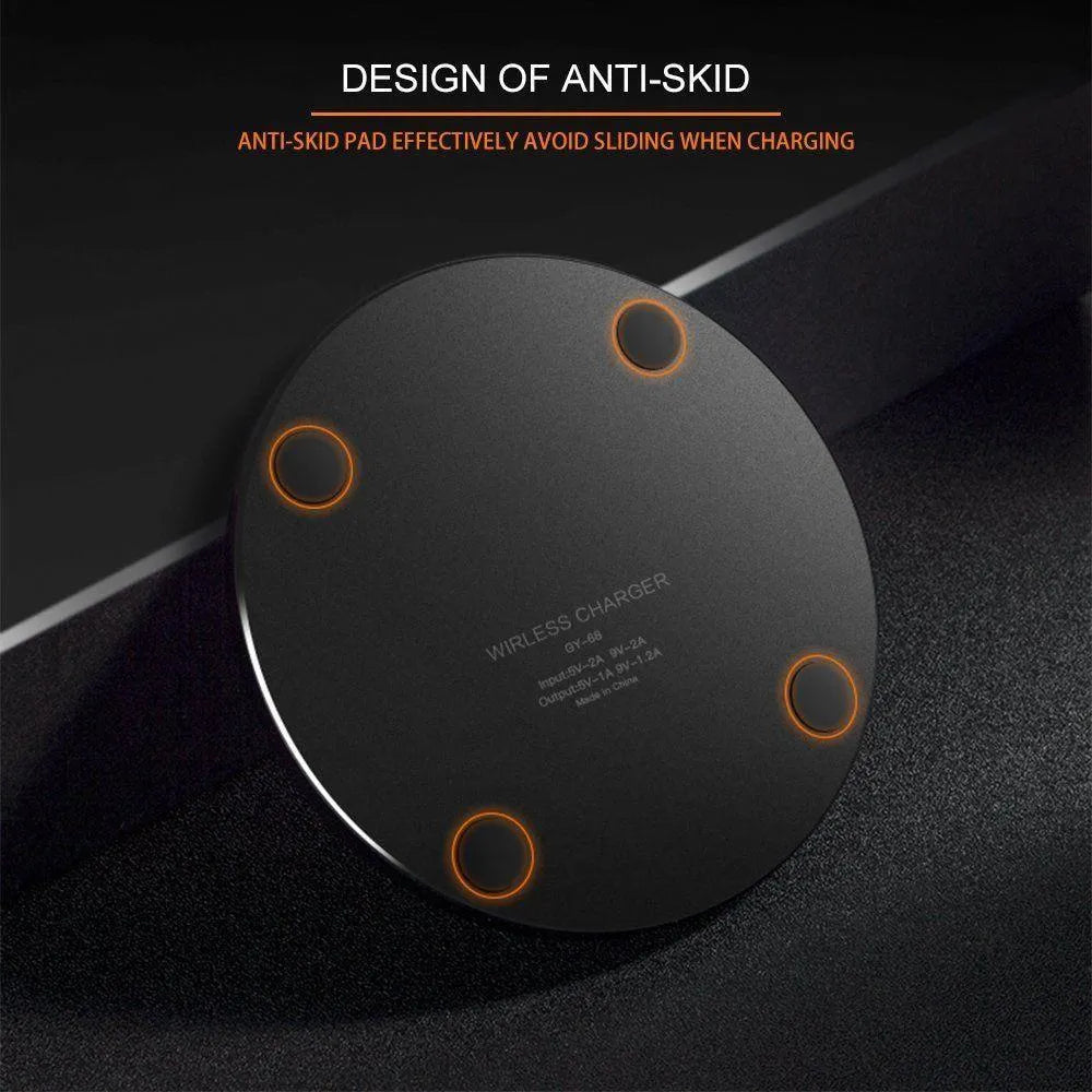 Black ultra-thin wireless charging pad measuring 98mm square with 9V fast charging capability