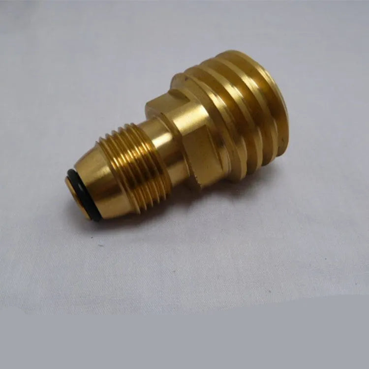Brass gas charging adapter with taper external thread and 7mm diameter in gold colour