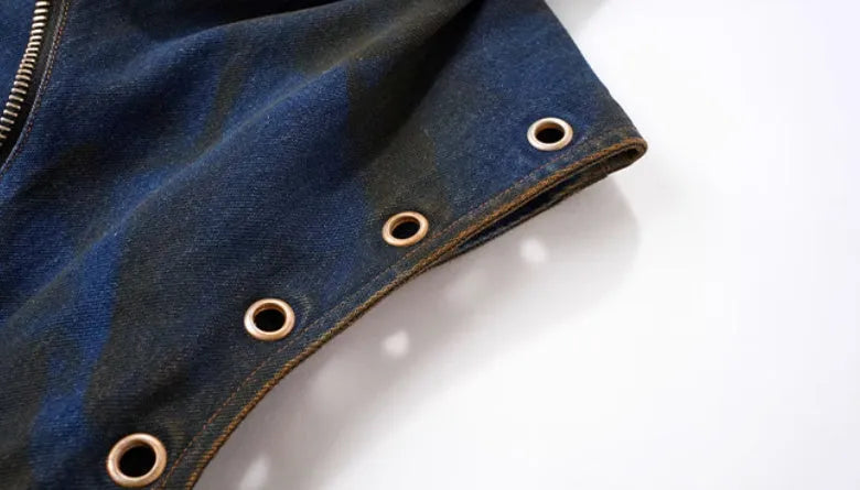 Blue hooded denim vest coat with matching trousers, Korean style zippered jacket set