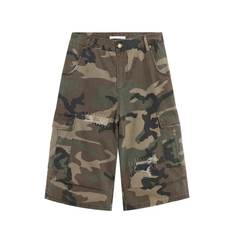 Men's camouflage pattern cropped jeans with distressed patches and straight leg cut