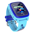 Blue children's waterproof smart watch with touch screen display and silicone wristband showing SOS button