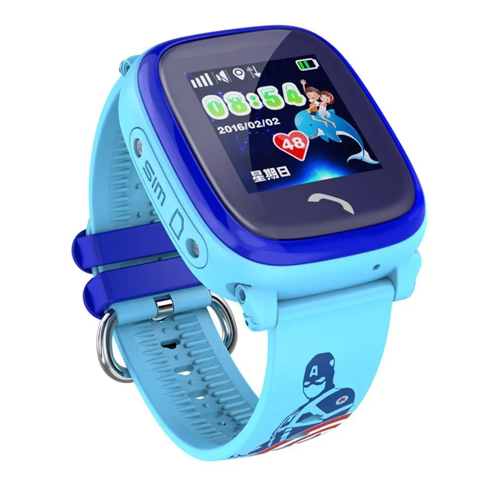 Blue children's waterproof smart watch with touch screen display and silicone wristband showing SOS button