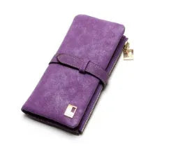 Vertical long wallet in retro matte PU leather with zip closure, shown open to reveal card slots and phone pocket.