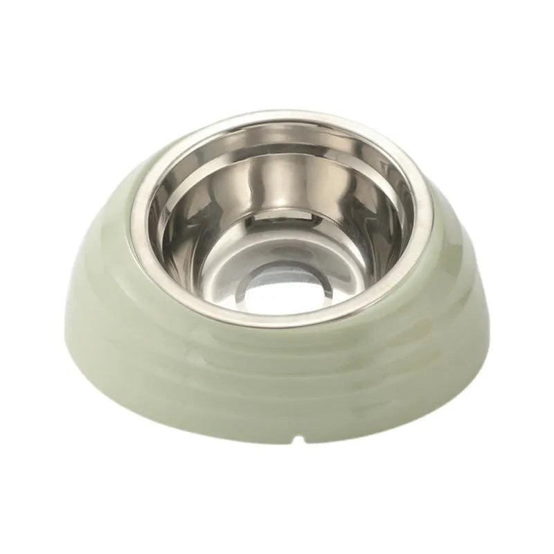 Stainless steel cat bowl on a plastic base in beige, brown, or light green.