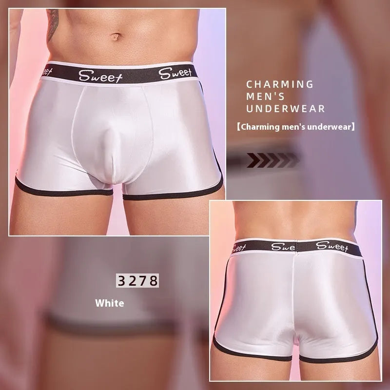 Men's shiny silky nylon boxers in black, white, and sapphire blue colours, free size.