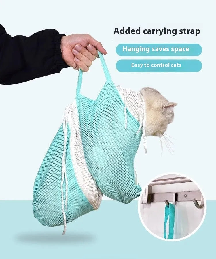 Upgraded fifth-generation cat grooming bag in grey, green, or pink and white detachable design.