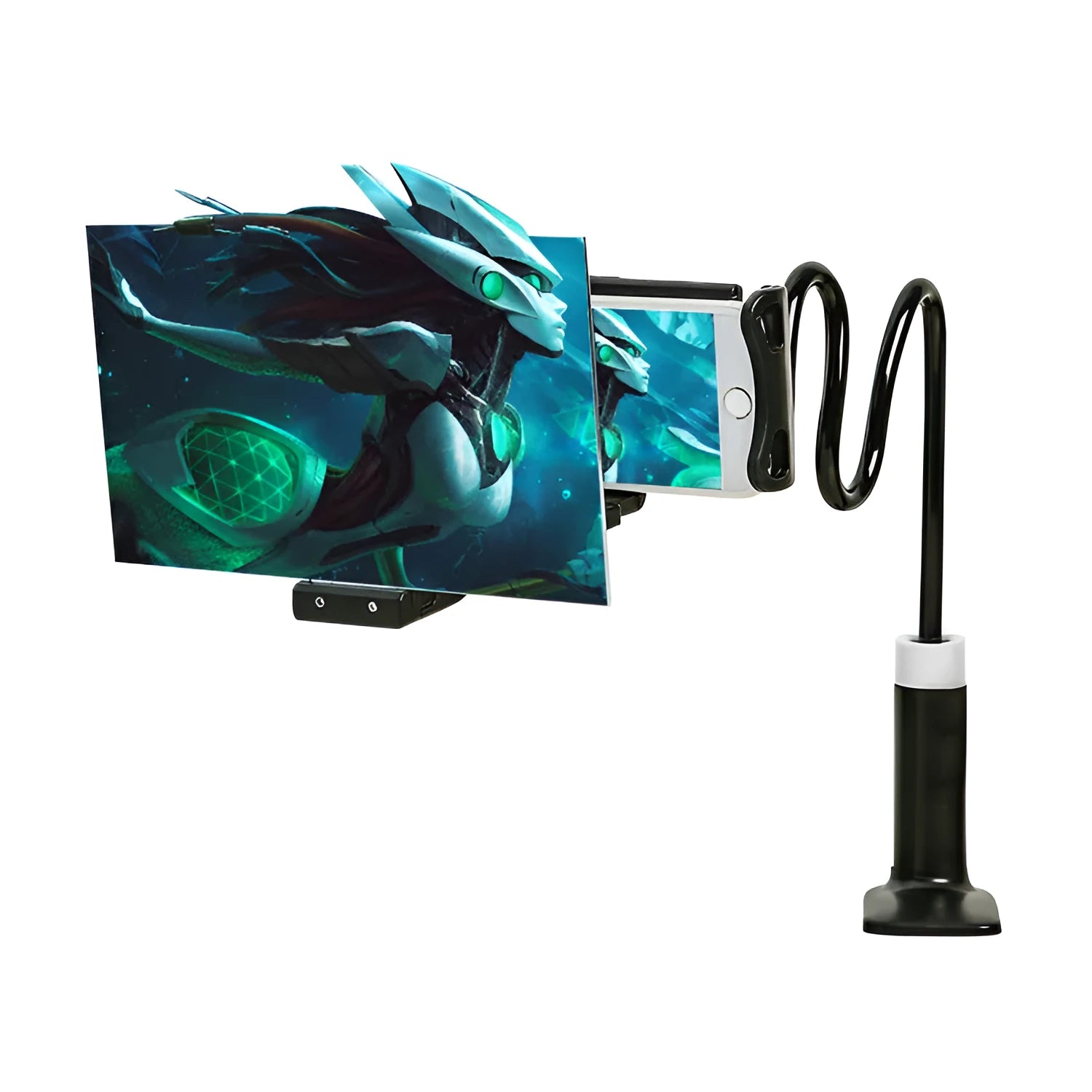 Black mobile phone screen amplifier with 12-inch acrylic display and adjustable folding bracket