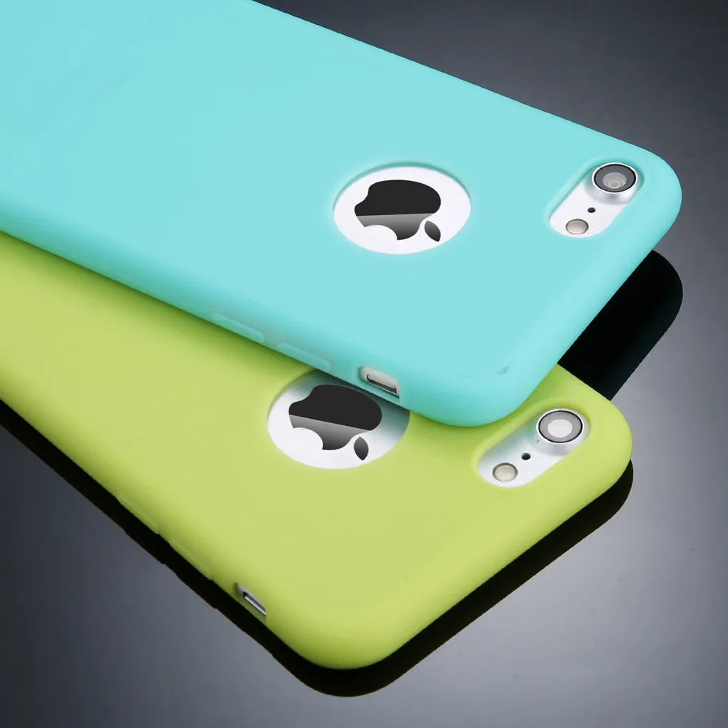 Soft silicone iPhone case in candy colours showing front and back views on iPhone model