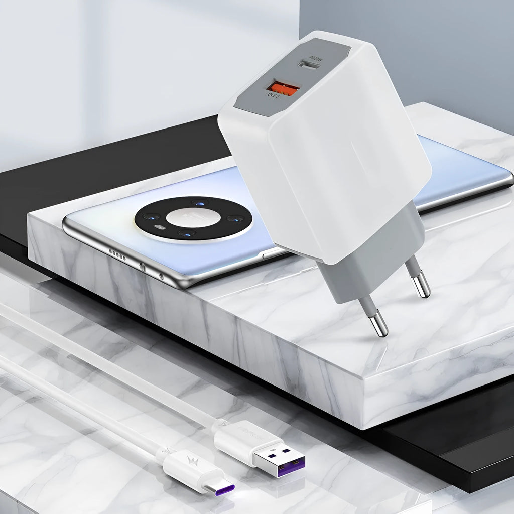 White phone fast charger set with USB interface and European standard cable