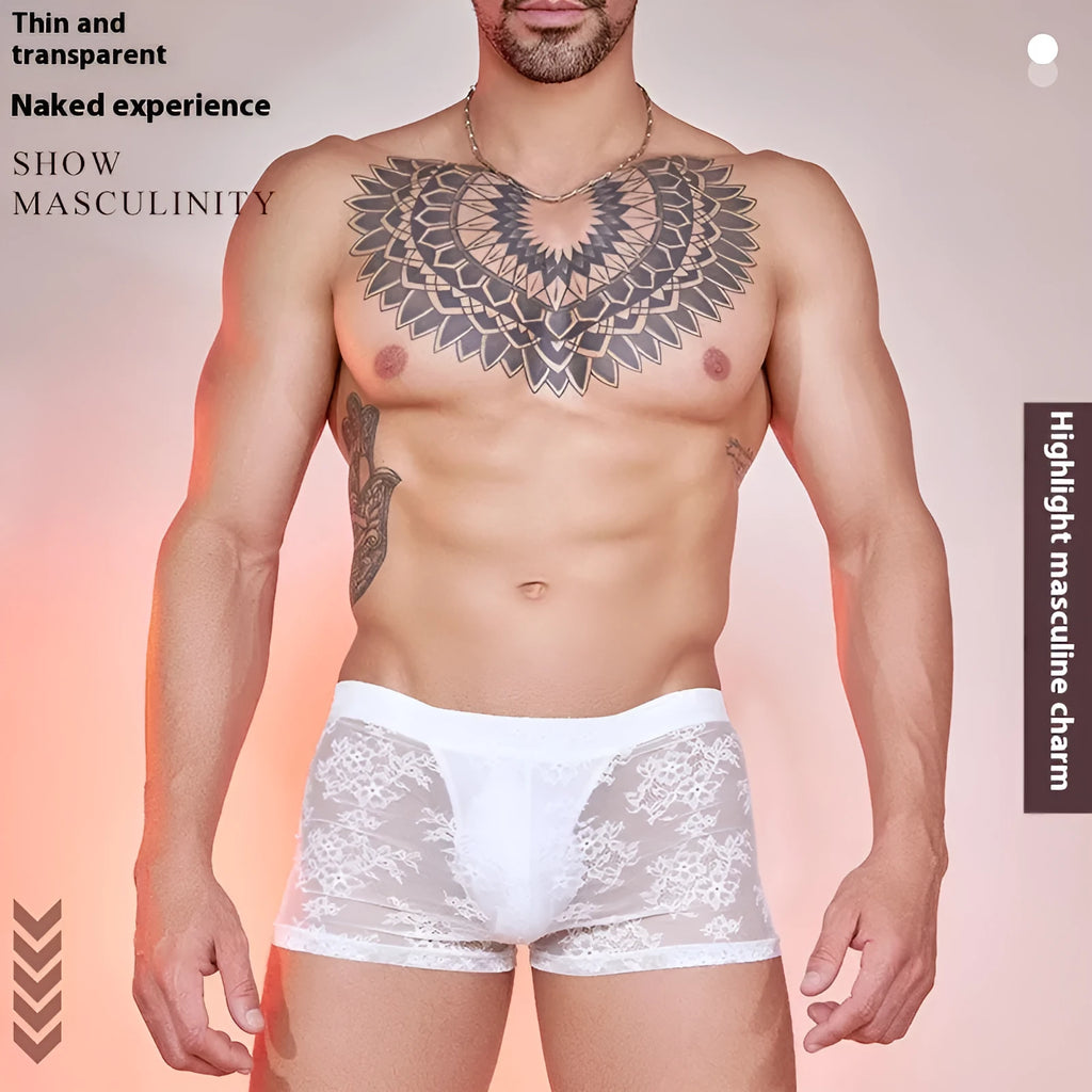 Men's black boxers with lace detailing on nylon fabric