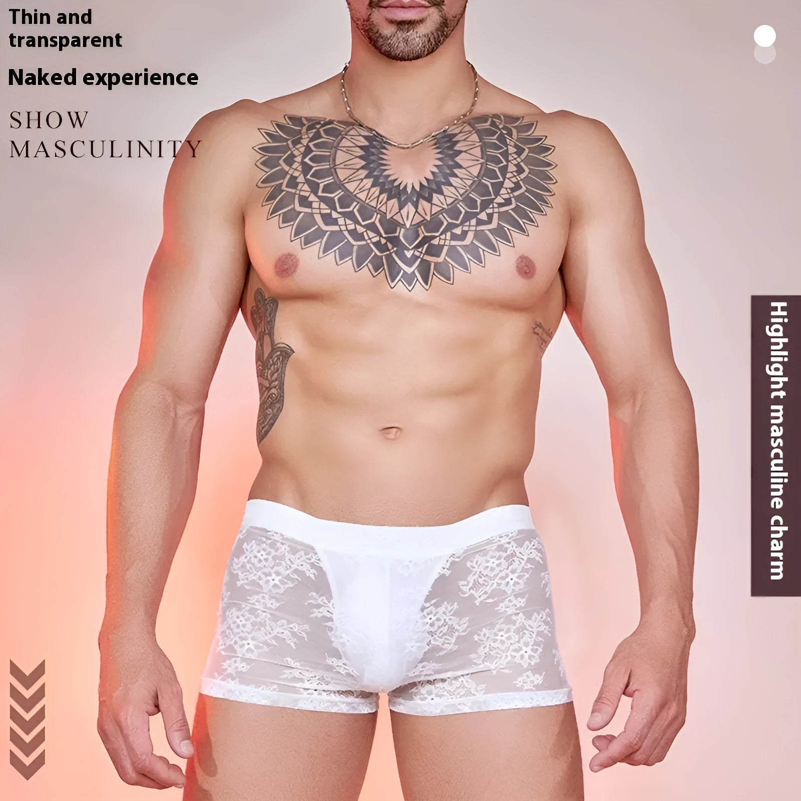 Men's black boxers with lace detailing on nylon fabric