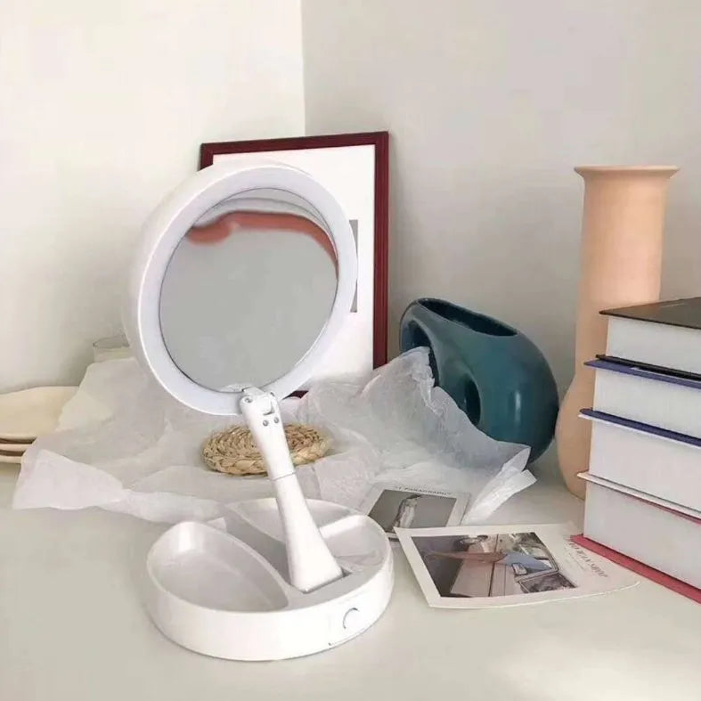 White foldable LED vanity mirror with beauty fill light showing double-sided design and USB charging port