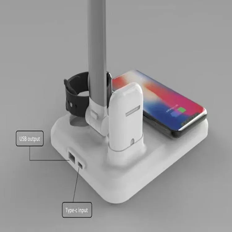 Black and white 4-in-1 LED desk lamp with wireless charging pad and adjustable lighting controls
