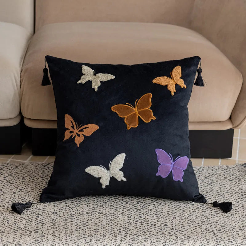 Square couch pillow with butterfly embroidery in Chinese style pattern, 45cm dimensions in beige, black, or purple