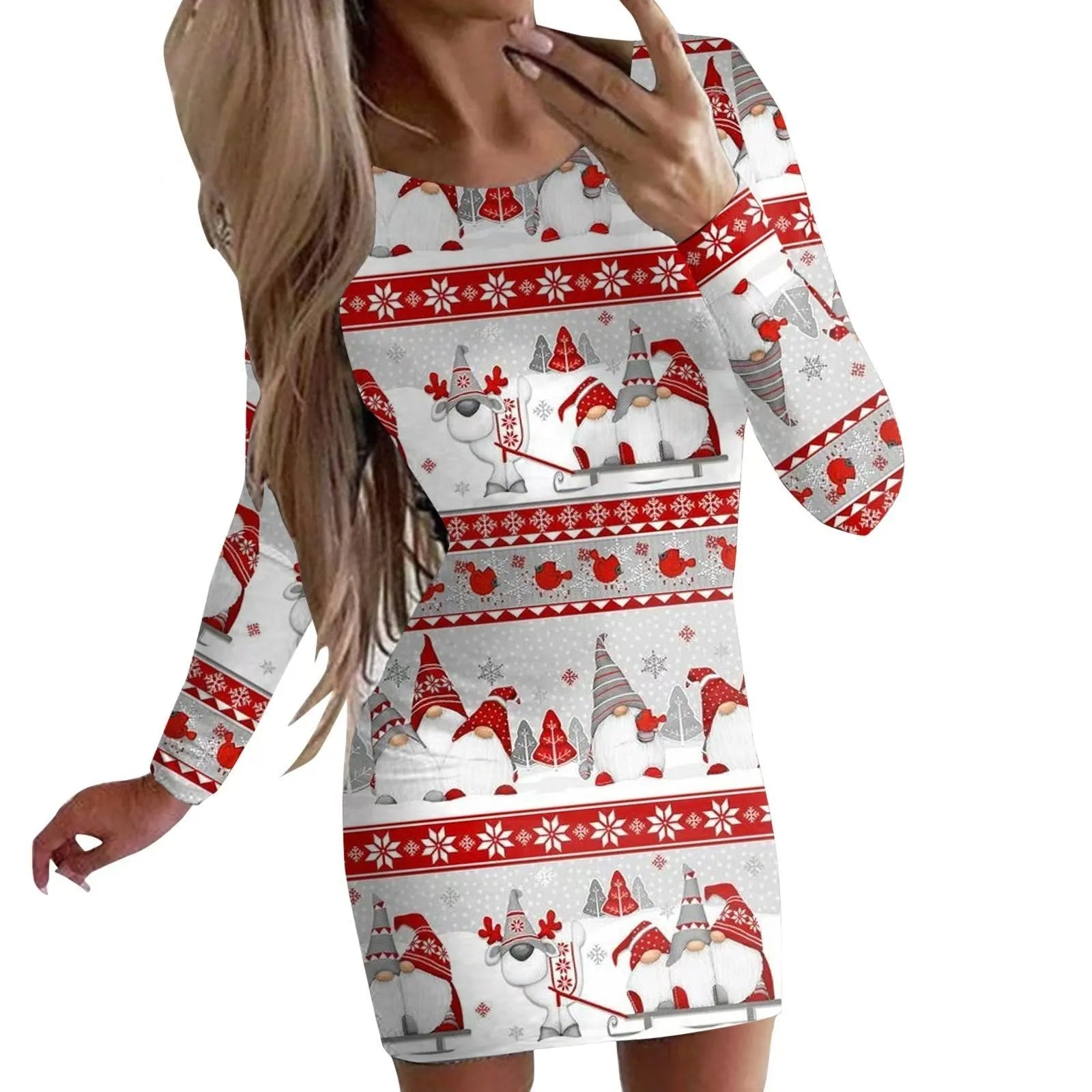 Women's tight-fitting Christmas dress with floral animal print, round neck, long sleeves, and a short hip skirt.