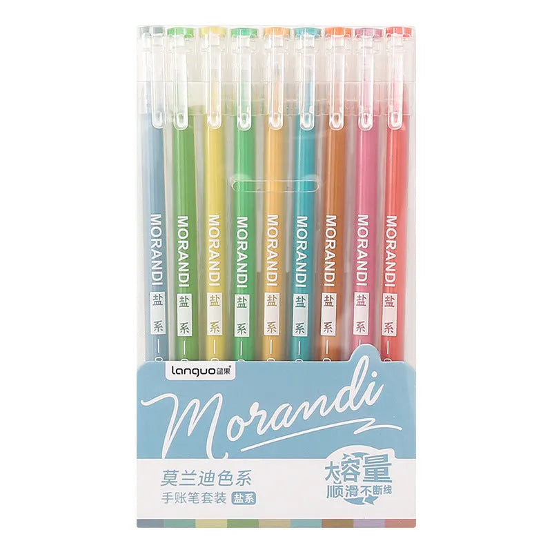 Set of nine retro gel pens with 0.5mm needle tips in plastic casing arranged by colour series