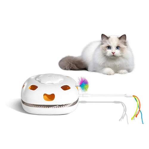 Colourful cat self-play toy with plastic base and interactive teaser rods