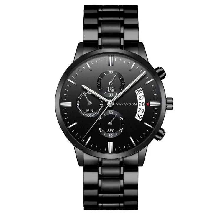 Men's stainless steel quartz watch with 43mm dial and 30 metre waterproof rating