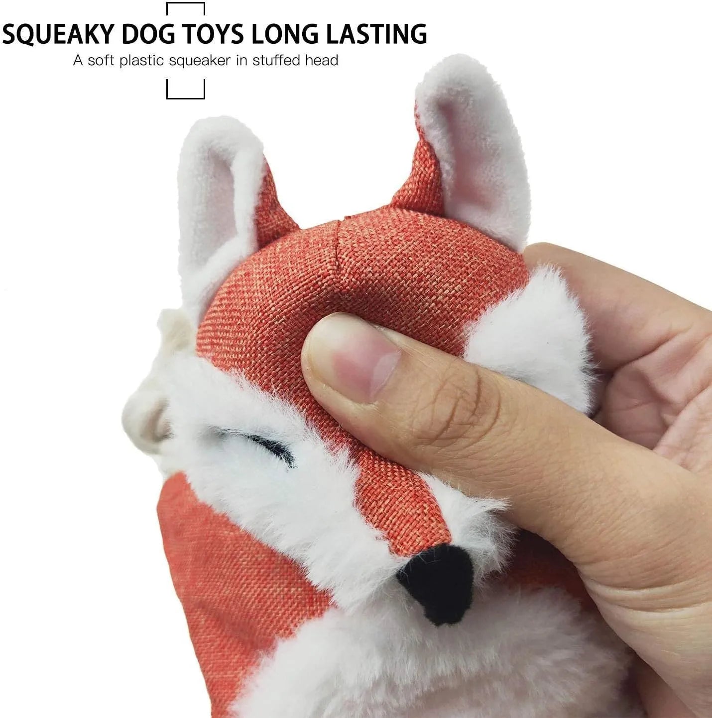 Brown fox-shaped dog toy with squeaker, crinkle paper, cotton rope limbs, and embroidered eyes
