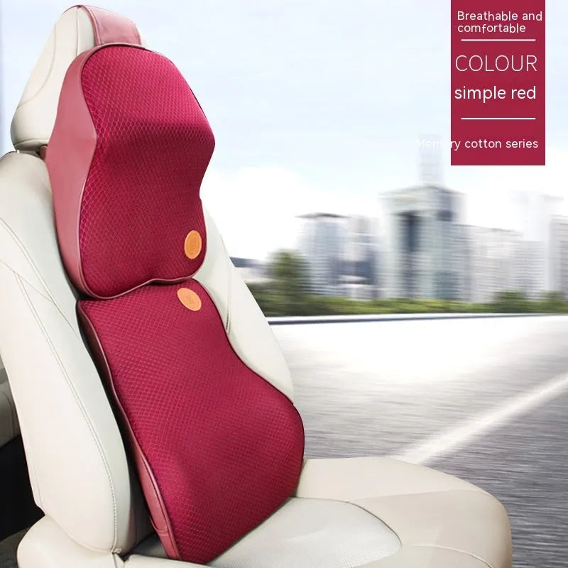 Black and beige memory foam headrest pillow and lumbar support pillow for car seats.