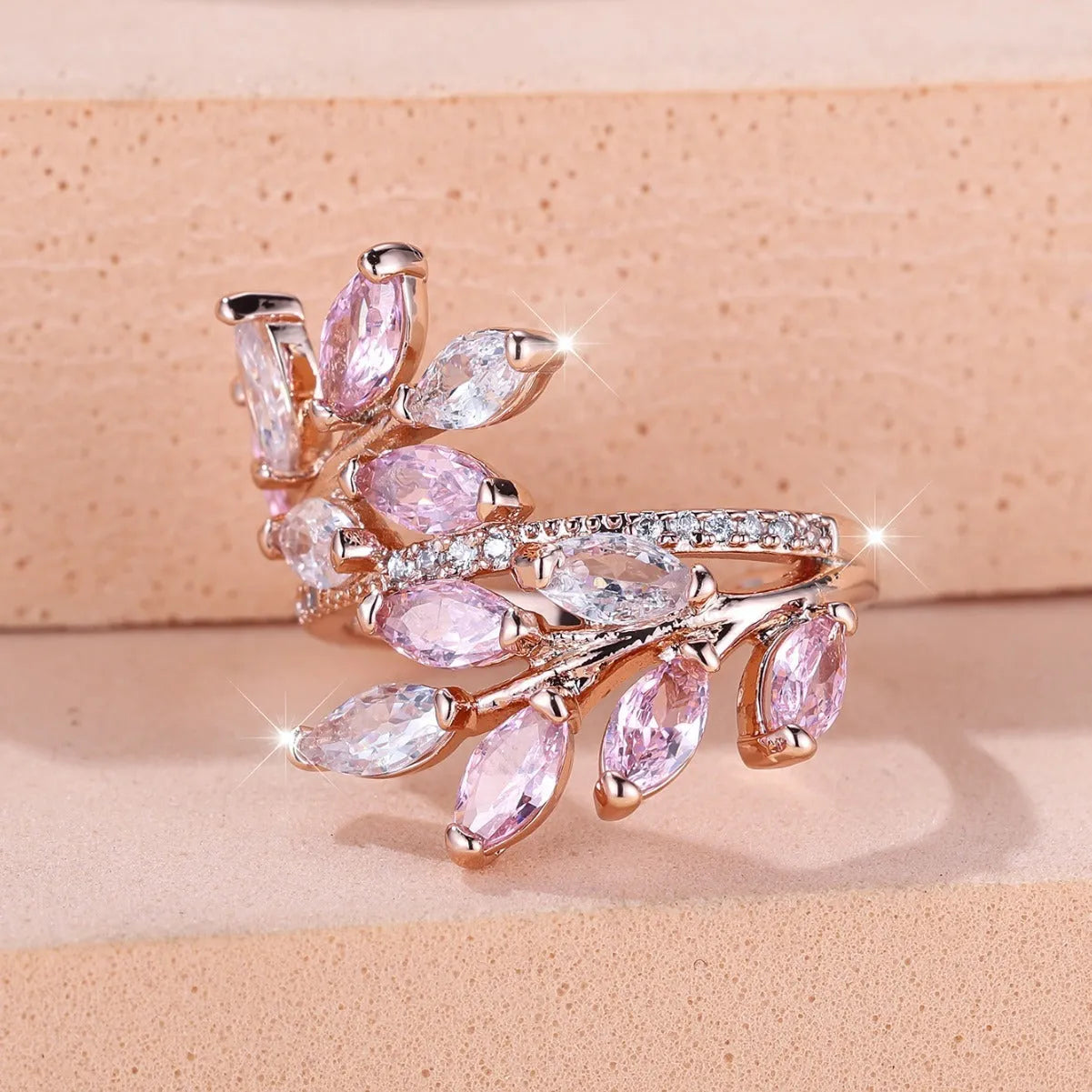 Adjustable copper leaf ring with horse eye zircon stone in multiple colour options