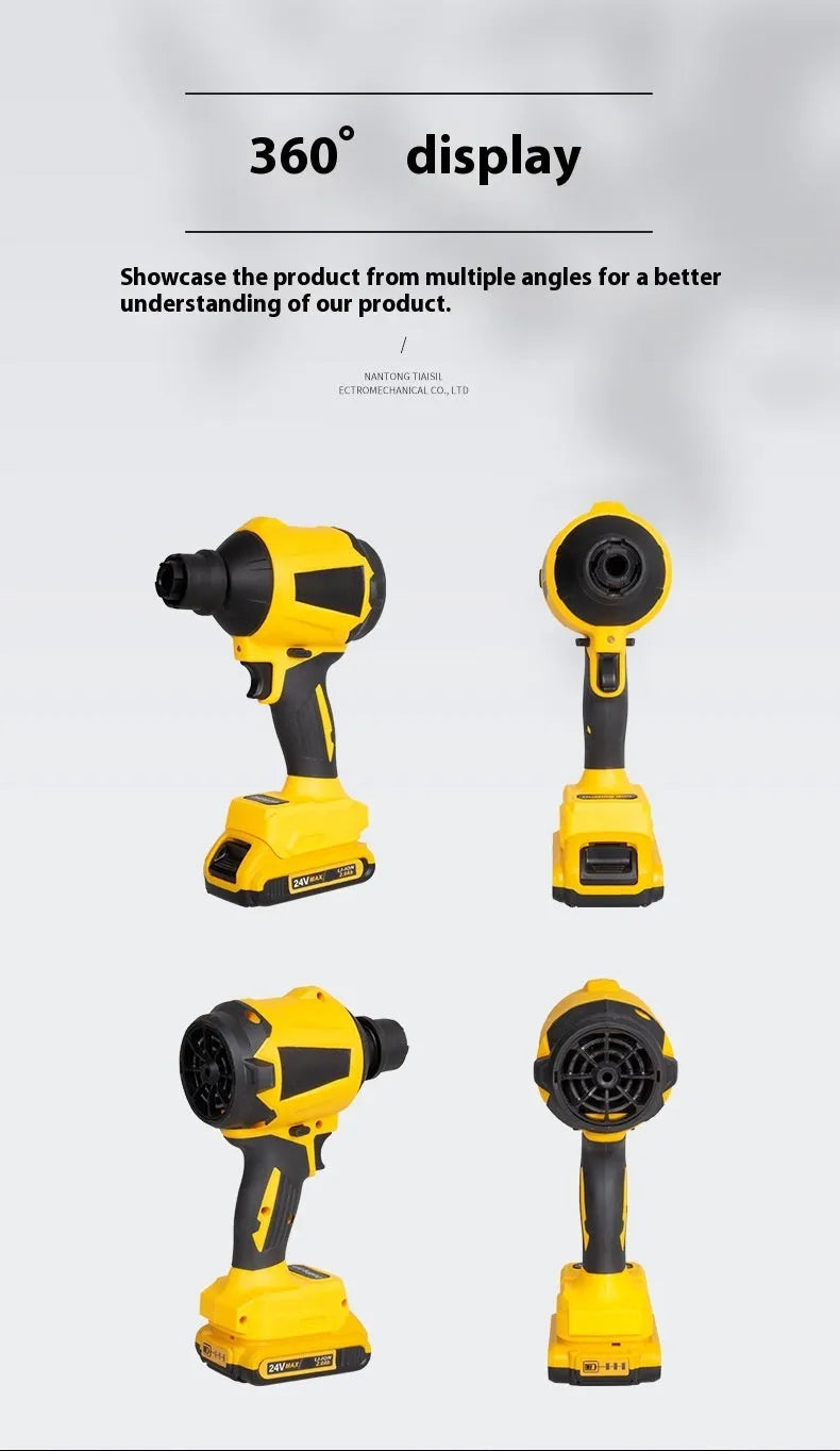 Yellow rechargeable lithium battery dust gun with adjustable power settings on a workbench.
