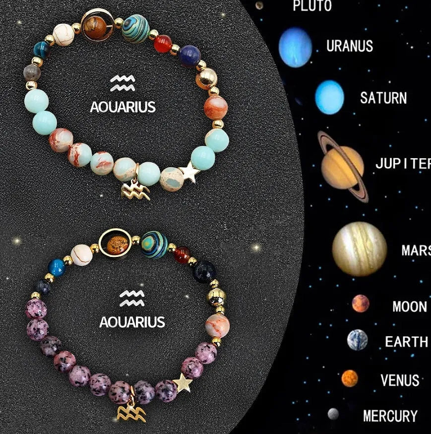 Two natural stone zodiac bracelets showing twelve different astrological styles on a neutral background