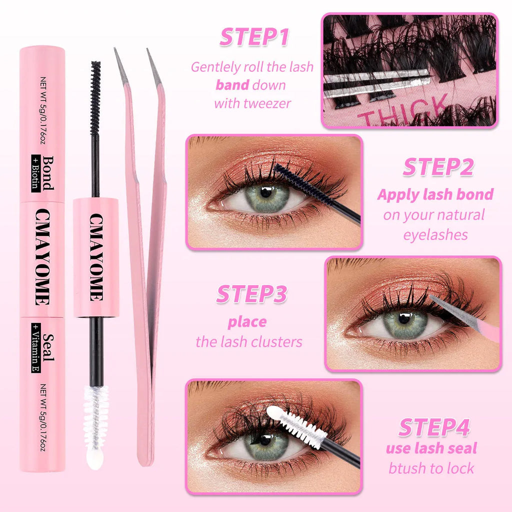 DIY false eyelash extension kit with cluster lashes and professional tweezers