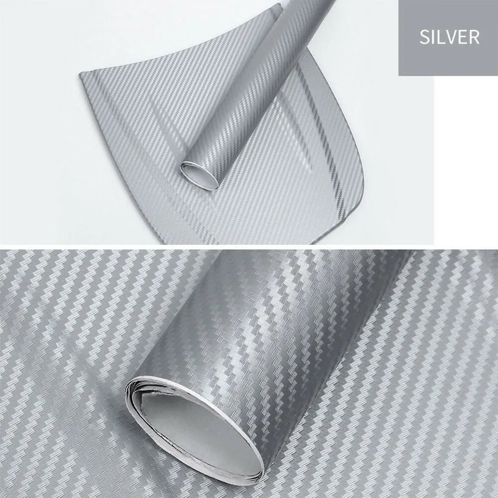 Roll of 3D carbon fibre patterned car sticker in one of eight colours, showing textured black and silver weave design