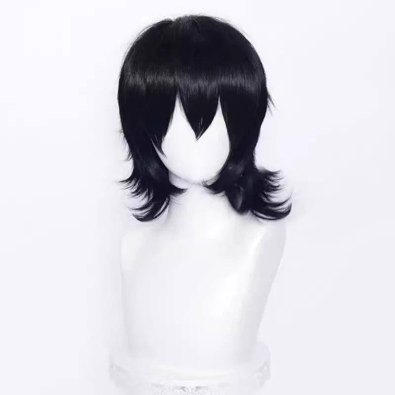 A short-style anime cosplay wig for men in a selected colour, showing its lengthened hair tail.