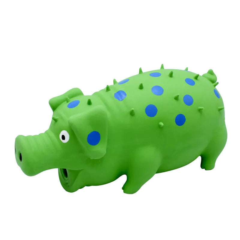 Blue latex pig-shaped dog chew toy with textured surface and squeaker inside.