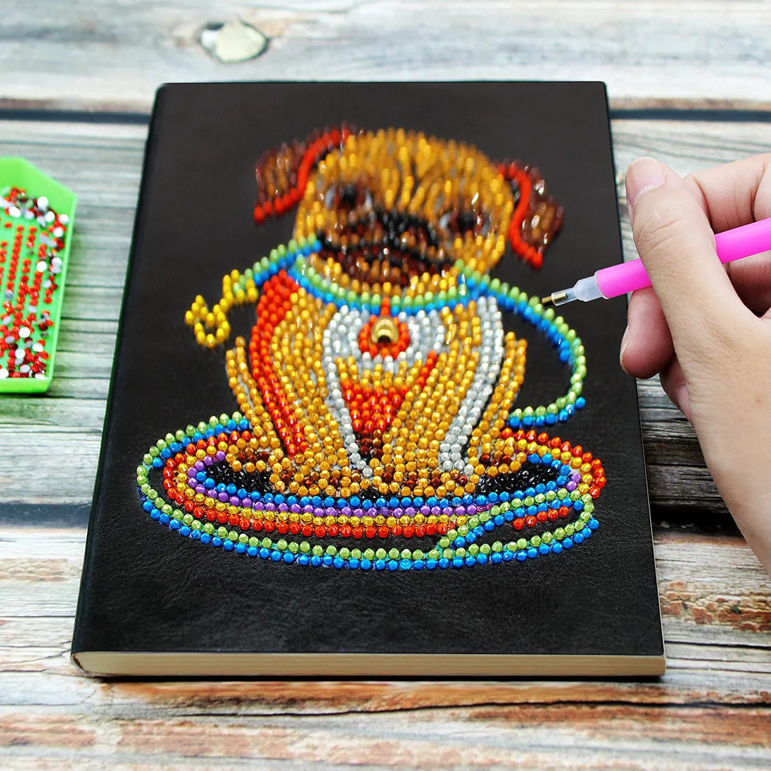 Black A5 diamond painting notebook with 50 pages, dimensions 142mm by 207mm.