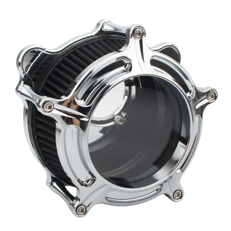 Aluminium air filter retrofitting accessories in multiple colour options including black, red, blue, and electroplated finishes