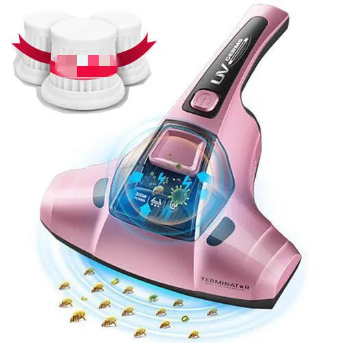 Pink handheld dust mite vacuum cleaner on a mattress showing its size and cleaning nozzle.