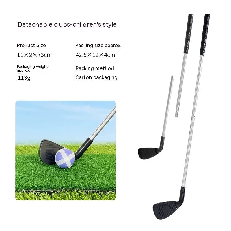 Metal golf practice club set showing adult and children's sizes for outdoor sports