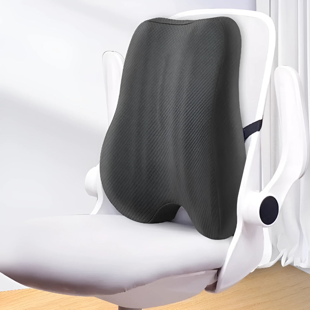 Grey contoured lumbar support cushion for office chair, shown next to navy blue and pink colour options.