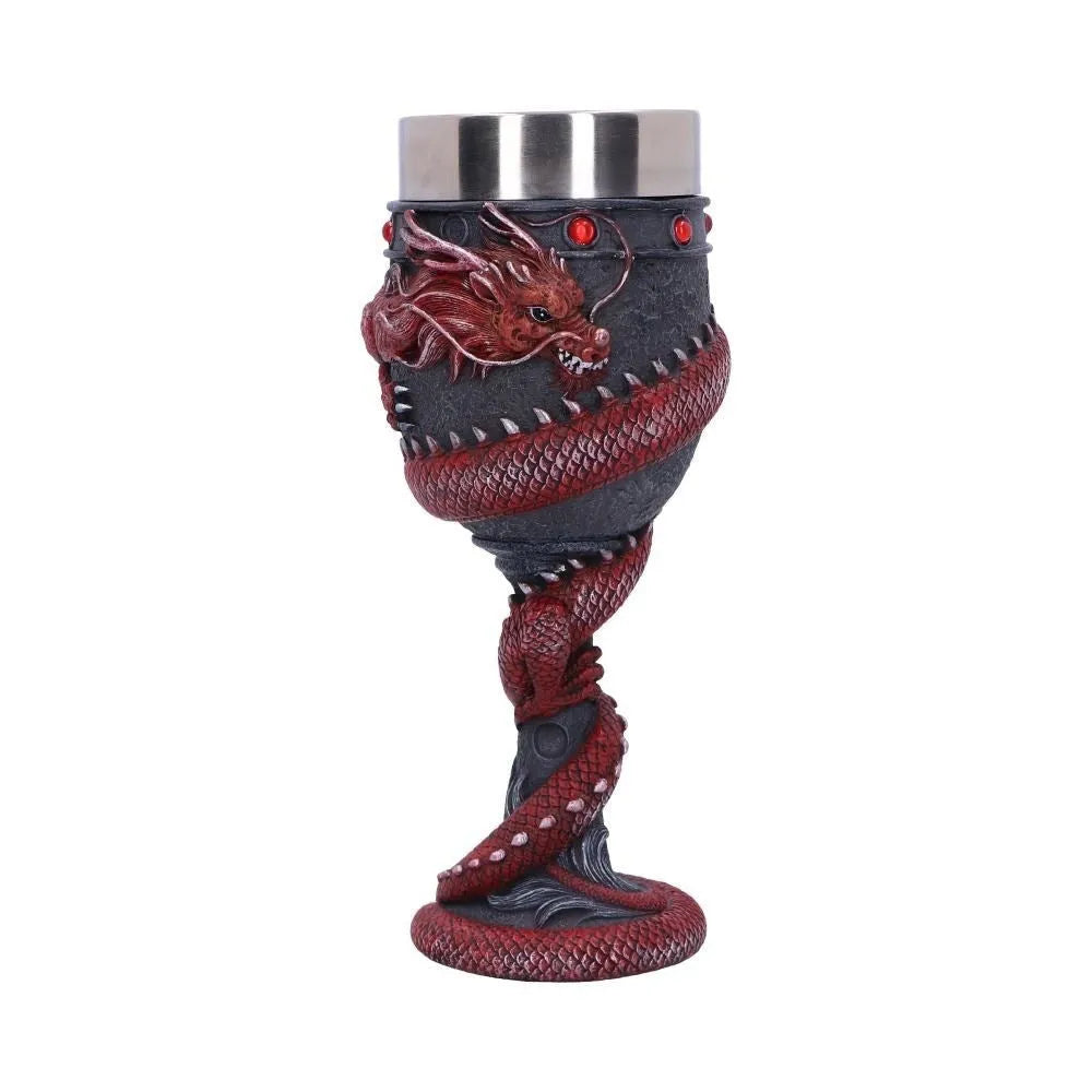 Red wine glass with gold Chinese dragon design on stainless steel stem.