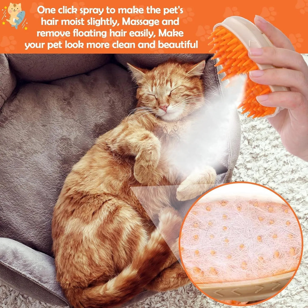 Yellow 4-in-1 cat steam brush with water tank, silicone bristles, and UV detection lamp.