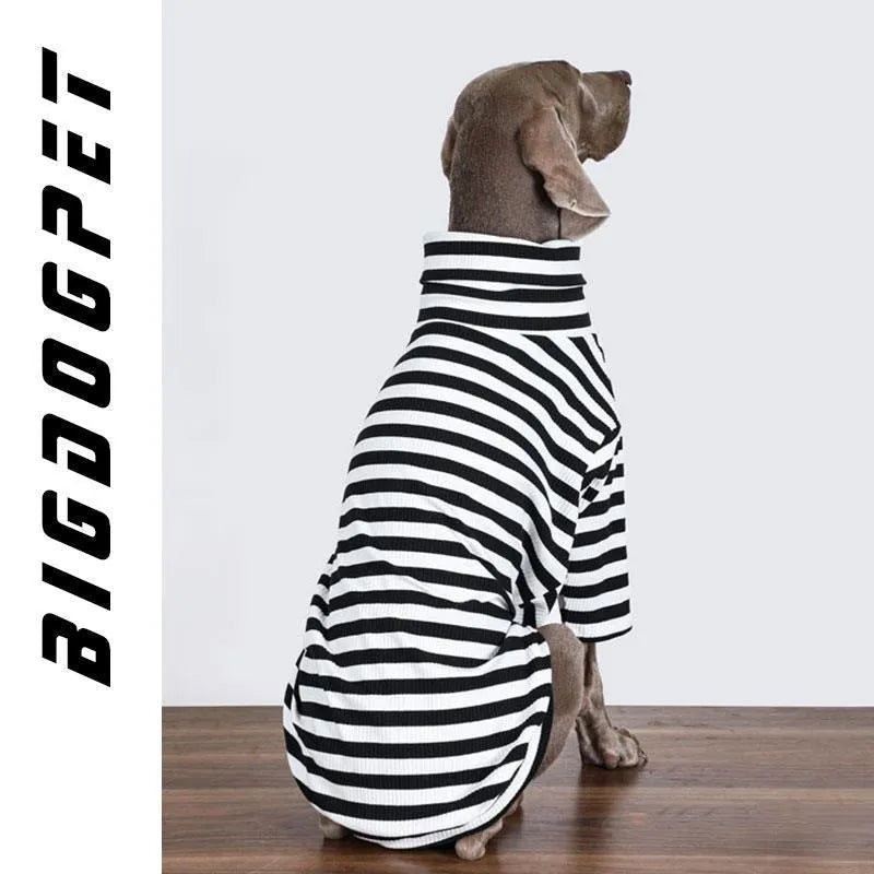 Black and white thin polyester dog clothing for large breeds shown in multiple size options