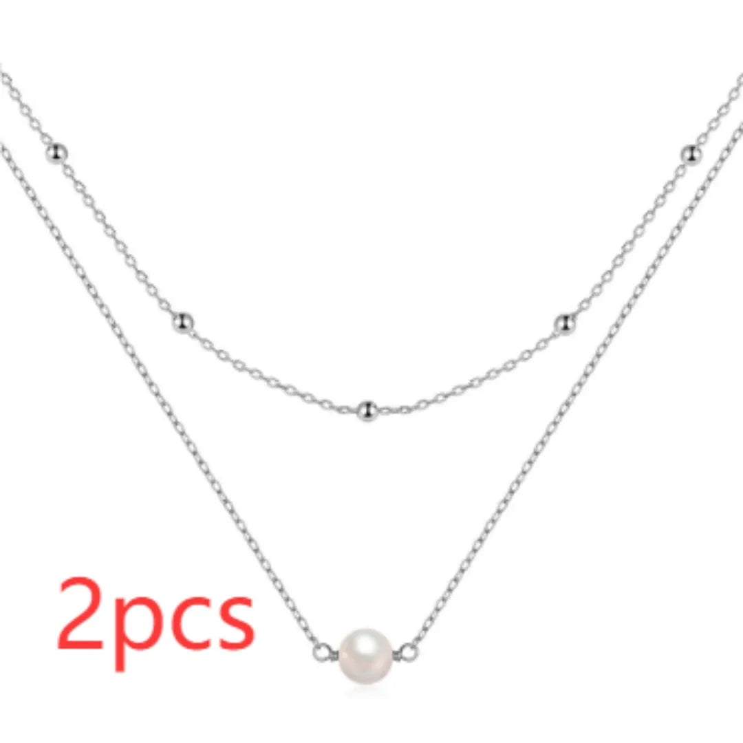 S925 sterling silver double layer pearl necklace with ball bead chain in gold finish